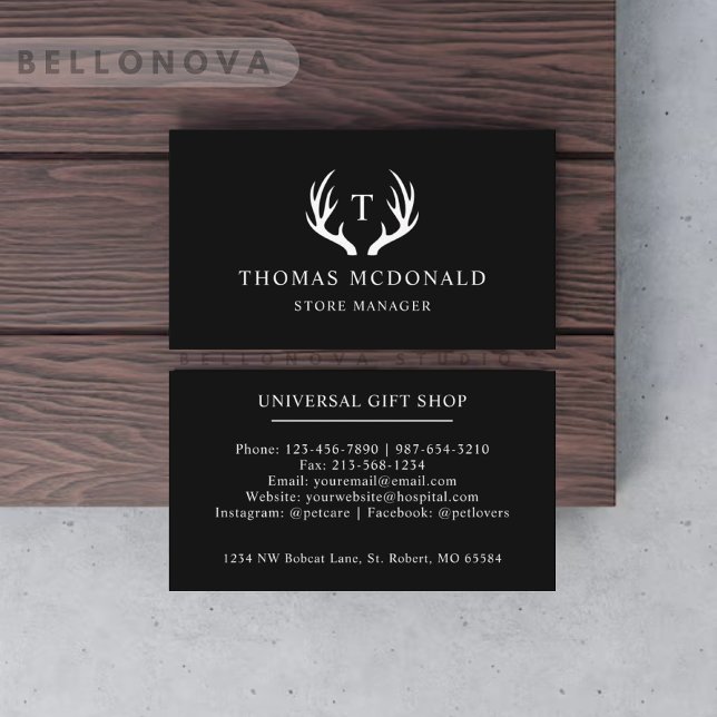 Tarjeta De Visita Monograma De Antler De Deer Blanco Y Negro (Custom Name Black And White Deer Antler Monogram Business Card)