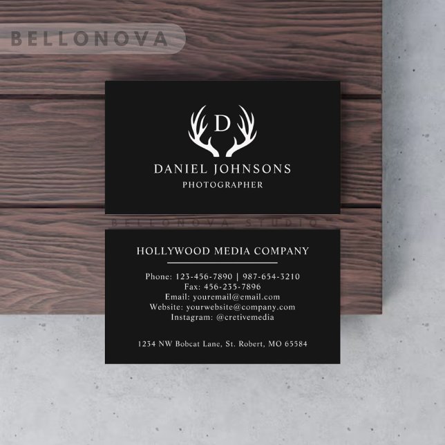 Tarjeta De Visita Monograma De Antler De Deer Blanco Y Negro (Custom Name Black And White Deer Antler Monogram Business Card)