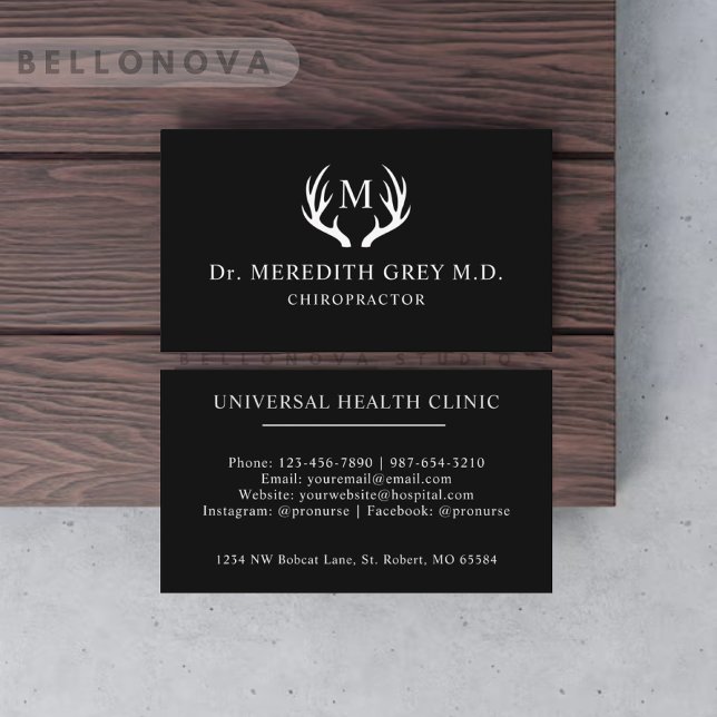 Tarjeta De Visita Monograma De Antler De Deer Blanco Y Negro (Custom Name Black And White Deer Antler Monogram Business Card)