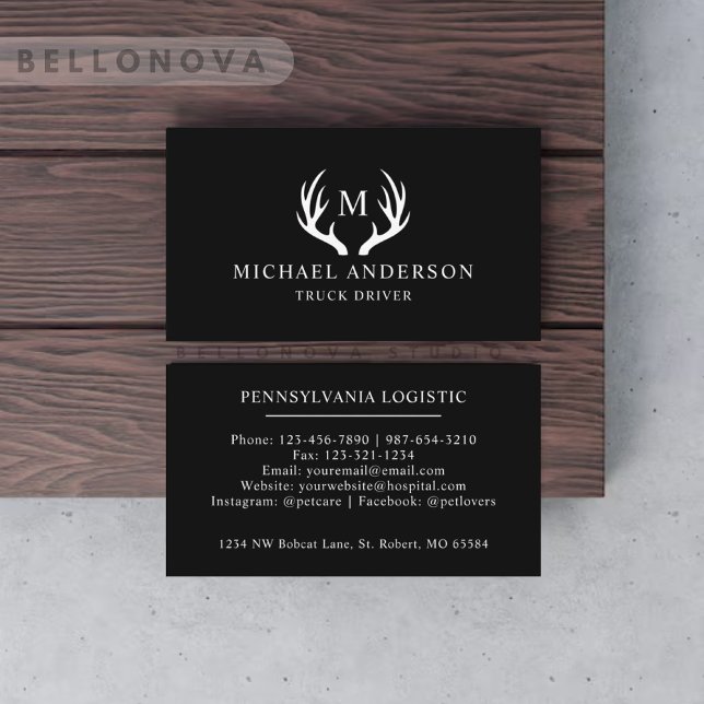 Tarjeta De Visita Monograma De Antler De Deer Blanco Y Negro (Custom Name Black And White Deer Antler Monogram Business Card)