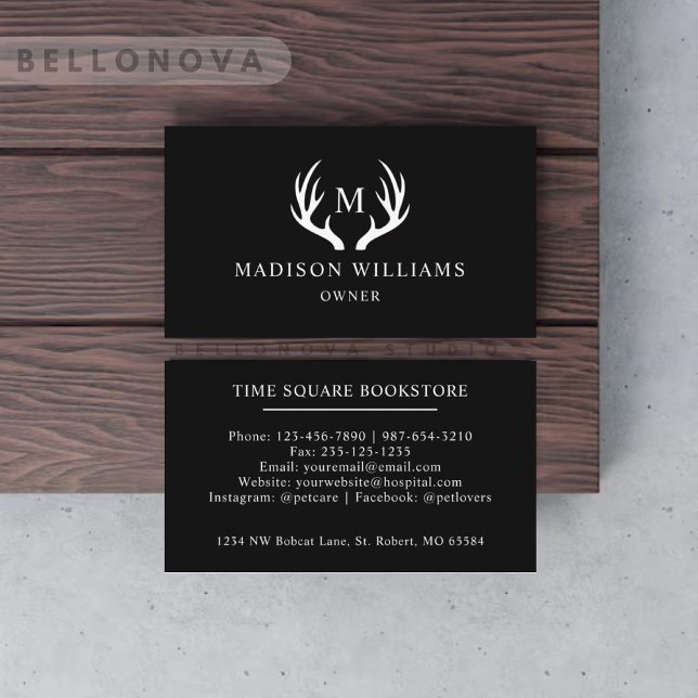 Tarjeta De Visita Monograma De Antler De Deer Blanco Y Negro (Custom Name Black And White Deer Antler Monogram Business Card)