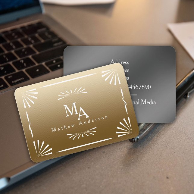 Tarjeta De Visita Monograma de Art Deco Personal (Chic stylish art deco gold monogram business card.)