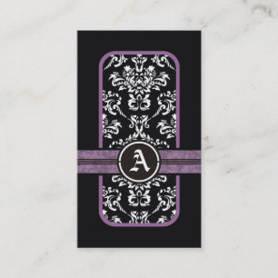 Tarjeta De Visita Monograma de banda morada de damasco blanco negro
