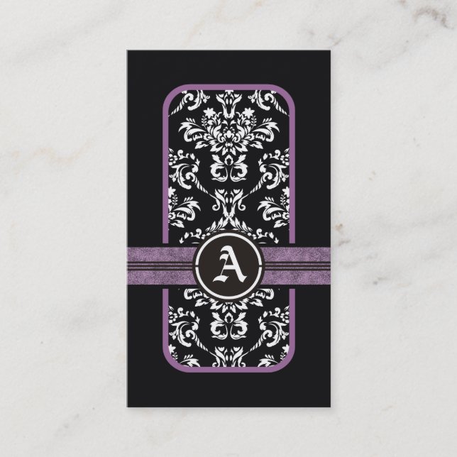 Tarjeta De Visita Monograma de banda morada de damasco blanco negro (Anverso)