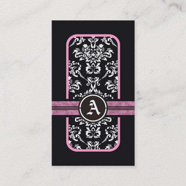 Tarjeta De Visita Monograma de banda rosa de damasco blanco negro (Anverso)