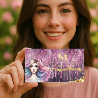 Tarjeta De Visita Monograma de Belleza Magenta Pastel Goteante Dorad