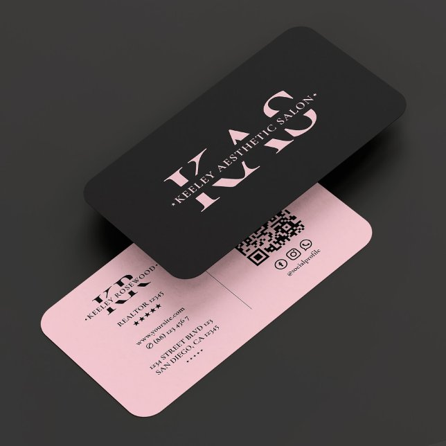 Tarjeta De Visita Monograma de belleza rosada negra estética QR (Aesthetic Black Pink Beauty Monogram QR Business Card
)