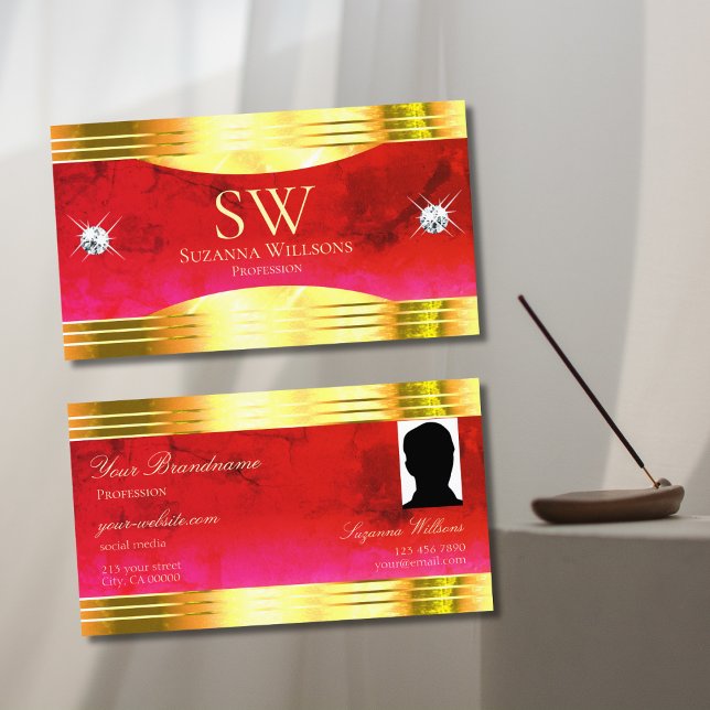 Tarjeta De Visita Monograma de borde dorado brillante de mármol rojo (Subido por el creador)