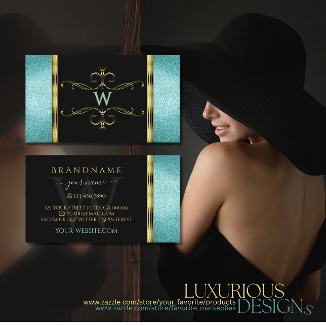 Tarjeta De Visita Monograma de borde dorado negro y Purpurina Verde  (Subido por el creador)