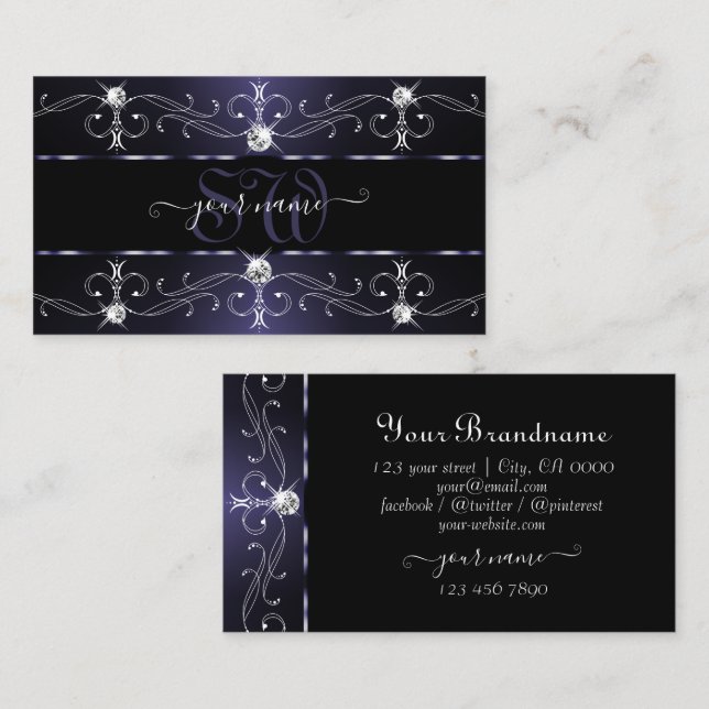 Tarjeta De Visita Monograma de bordes blancos oscuros y azules elega (Anverso / Reverso)