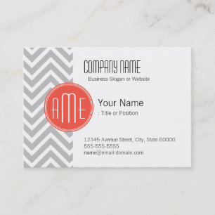 Tarjeta De Visita Monograma de Chevron gris y Personalizado coral