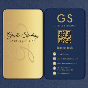 Tarjeta De Visita Monograma de código QR azul de la Marina de Oro de