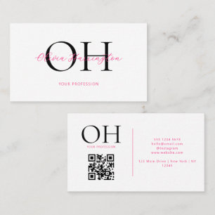 Tarjeta De Visita Monograma de código QR en blanco y rosado moderno