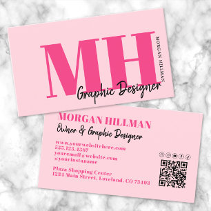 Tarjeta De Visita Monograma de código QR moderno rosa intenso