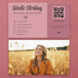 Tarjeta De Visita Monograma de código QR rosa y Rosa polvoriento