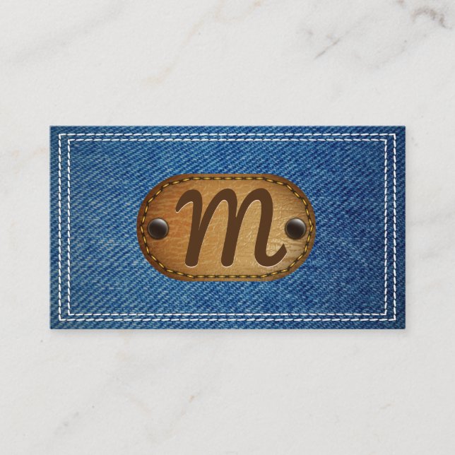 Tarjeta De Visita Monograma de cuero | Denim de doble puntería (Anverso)