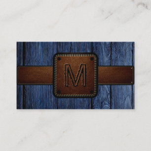 Tarjeta De Visita Monograma de cuero marrón de madera azul vintage