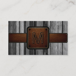 Tarjeta De Visita Monograma de cuero marrón de madera vieja