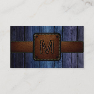 Tarjeta De Visita Monograma de cuero marrón oscuro de madera azul