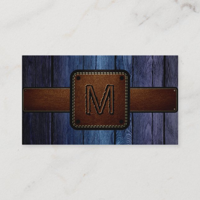Tarjeta De Visita Monograma de cuero marrón oscuro de madera azul (Anverso)