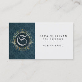 Tarjeta De Visita Monograma de Damasco Azul de Servicios Financieros