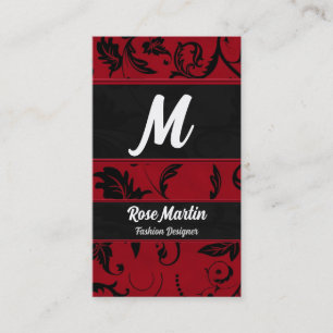 Tarjeta De Visita Monograma de Damask de Red y Black Swirly