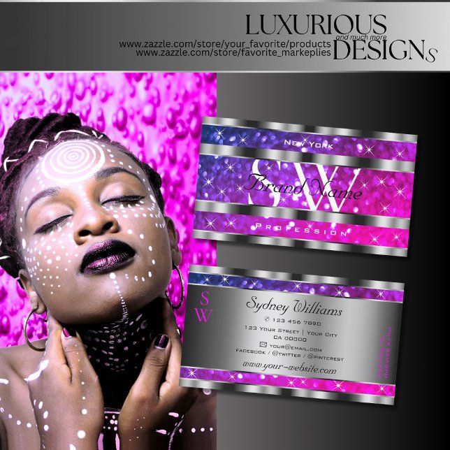 Tarjeta De Visita Monograma de decoración plateada con estrellas Pur (Subido por el creador)