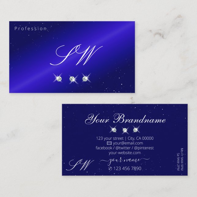 Tarjeta De Visita Monograma de diamantes de espuma azul real (Anverso / Reverso)