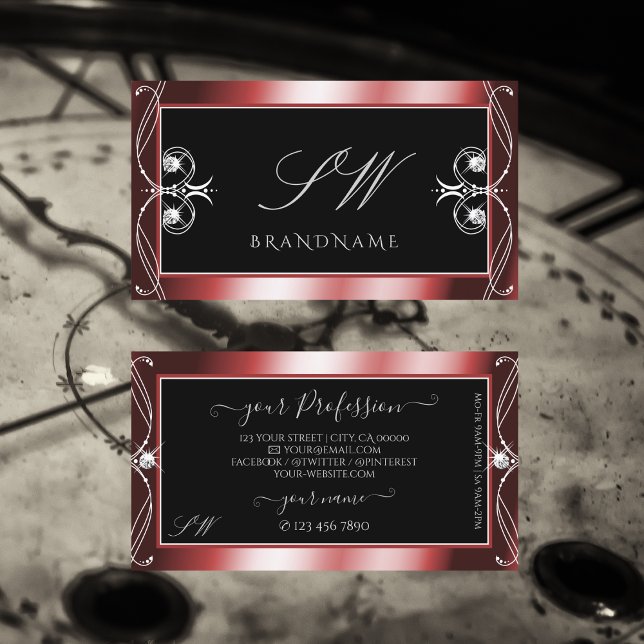 Tarjeta De Visita Monograma de diamantes de espuma roja negra de con (Subido por el creador)