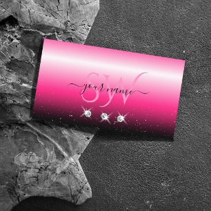 Tarjeta De Visita Monograma de diamantes de espuma rosa negro y eleg