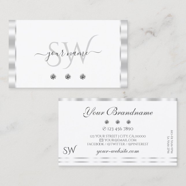 Tarjeta De Visita Monograma de diamantes espumosos blancos plateados (Anverso / Reverso)