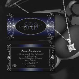 Tarjeta De Visita Monograma de diamantes espumosos de color azul osc