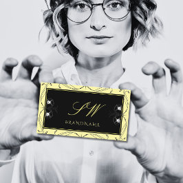 Tarjeta De Visita Monograma de diamantes espumosos de crema negra or