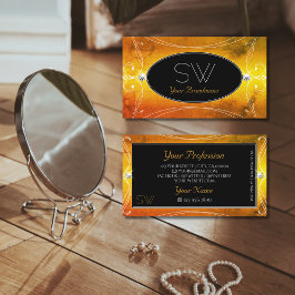 Tarjeta De Visita Monograma de diamantes espumosos de Naranja negro