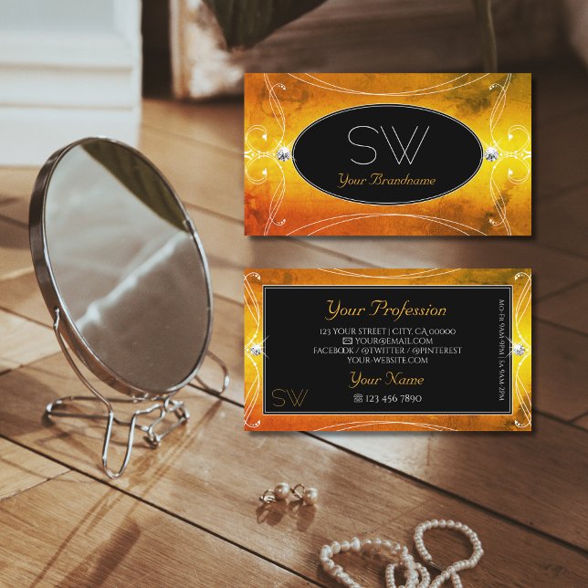 Tarjeta De Visita Monograma de diamantes espumosos de Naranja negro (Subido por el creador)