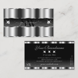 Tarjeta De Visita Monograma de diamantes espumosos negro plateado gl