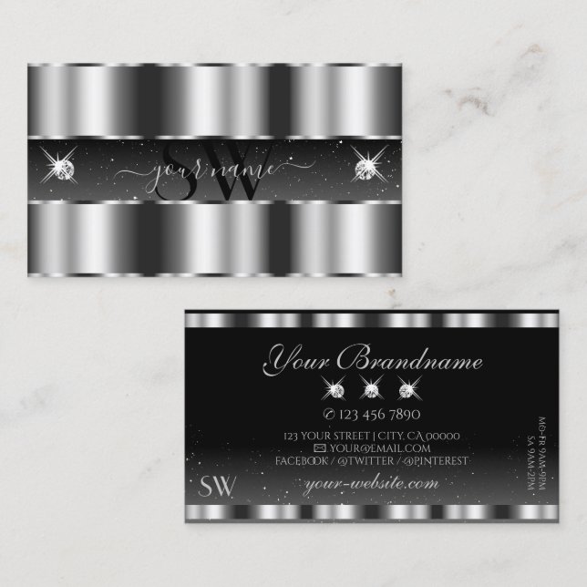 Tarjeta De Visita Monograma de diamantes espumosos negro plateado gl (Anverso / Reverso)