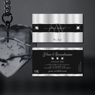 Tarjeta De Visita Monograma de diamantes espumosos negro plateado gl