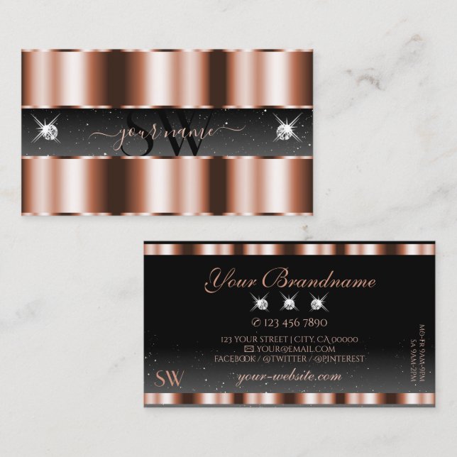 Tarjeta De Visita Monograma de diamantes espumosos negros de Rosa de (Anverso / Reverso)