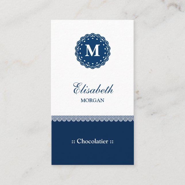 Tarjeta De Visita Monograma de encaje azul elegante de chocolate (Anverso)