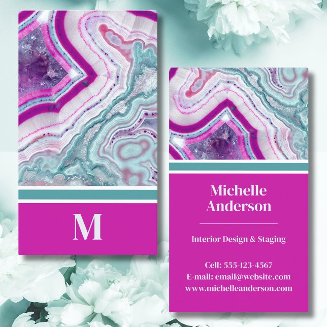 Tarjeta De Visita Monograma de envejecimiento moderno (Chic Modern Monogram Initial Teal Magenta Stone Business Card)