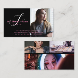 Tarjeta De Visita Monograma de escritura de 4 fotos modernas rosadas