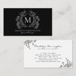 Tarjeta De Visita Monograma de Escudo floral blanco y negro moderno