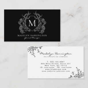 Tarjeta De Visita Monograma de Escudo floral blanco y negro moderno