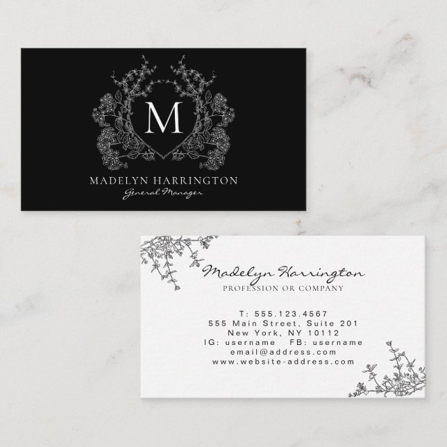 Tarjeta De Visita Monograma de Escudo floral blanco y negro moderno (Anverso / Reverso)