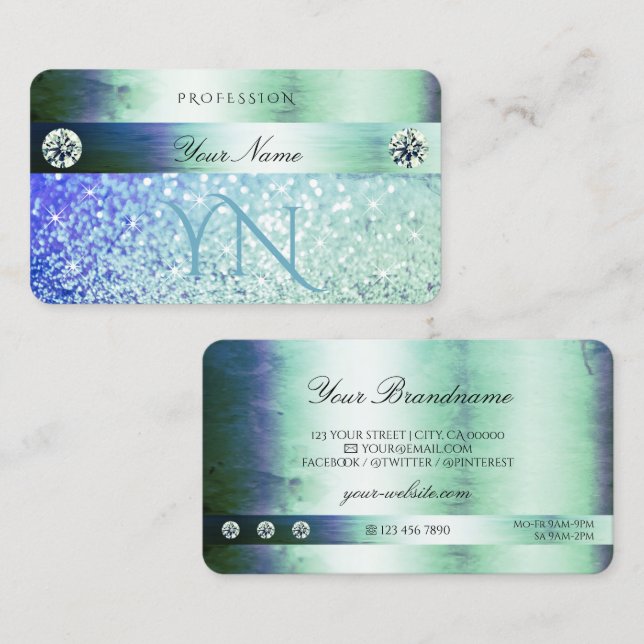 Tarjeta De Visita Monograma de espuma del Purpurina azul Verde azula (Anverso / Reverso)