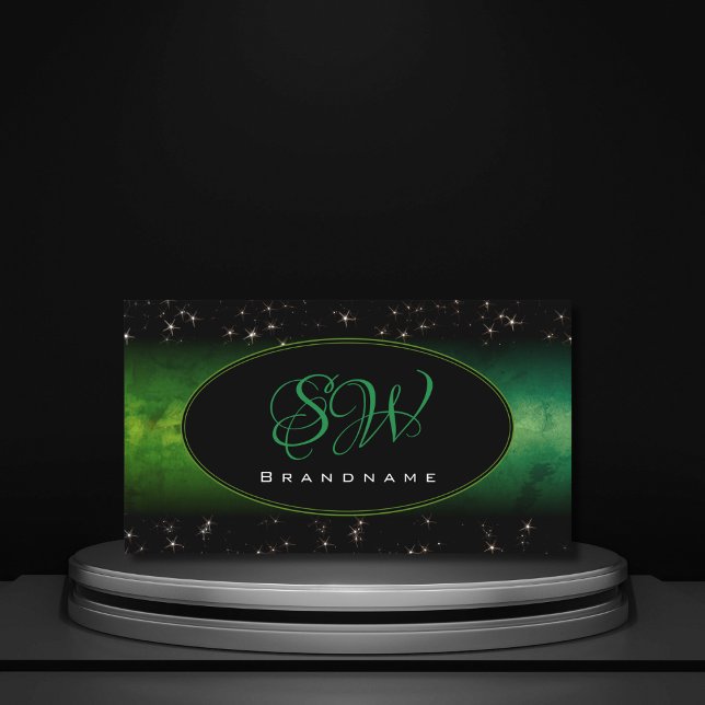 Tarjeta De Visita Monograma de estrellas de Purpurina negro verde qu (Subido por el creador)