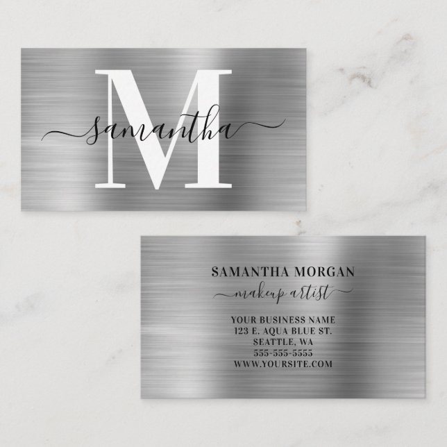 Tarjeta De Visita Monograma de firma plateado brillante (Anverso / Reverso)