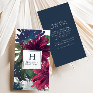 Tarjeta De Visita Monograma de Floral Acuarela Burgundy Azul Marino