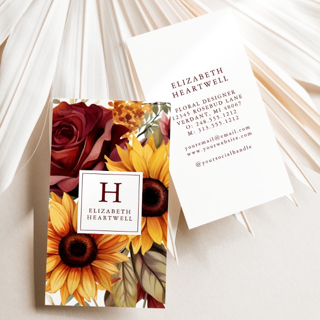 Tarjeta De Visita Monograma de floral rústico girasol borgoña (Subido por el creador)